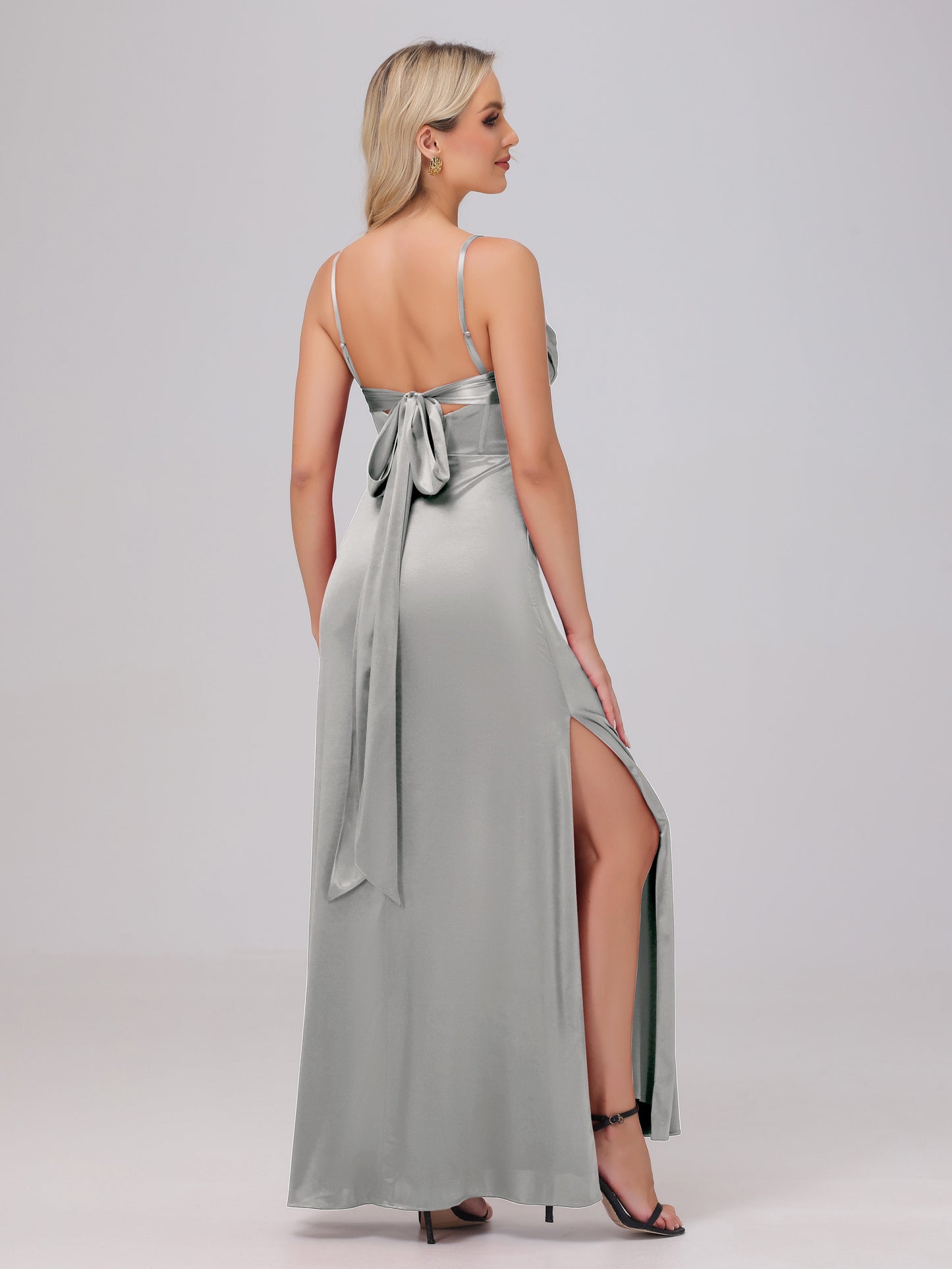 Spaghetti Straps Ruched Floor Length Stretch Satin Bridesmaid Dresses