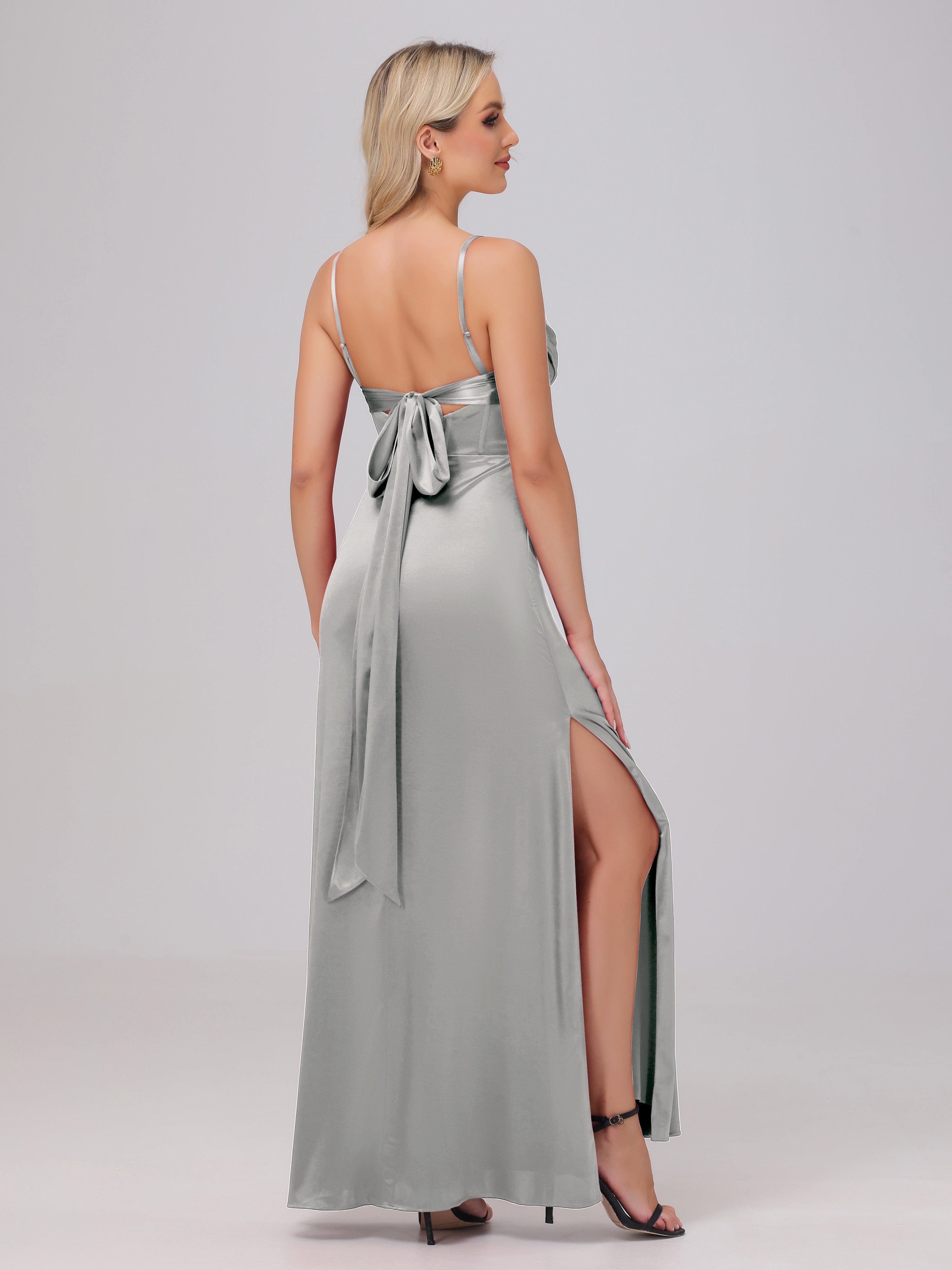 Spaghetti Straps Ruched Floor Length Stretch Satin Bridesmaid Dresses
