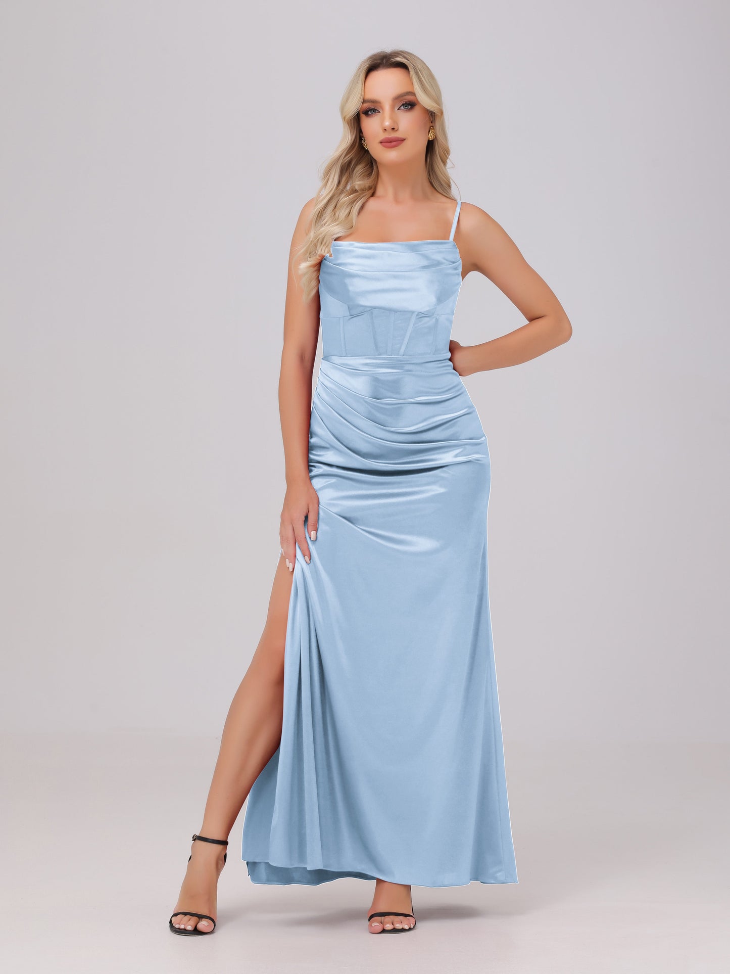 Spaghetti Straps Ruched Floor Length Stretch Satin Bridesmaid Dresses