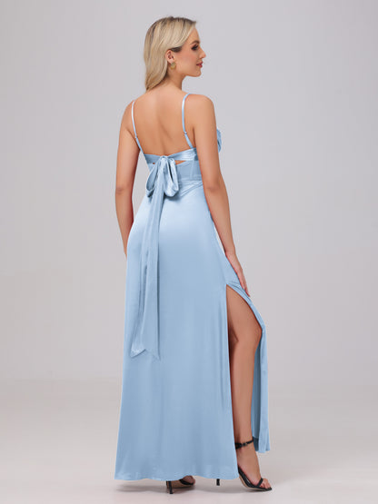 Spaghetti Straps Ruched Floor Length Stretch Satin Bridesmaid Dresses
