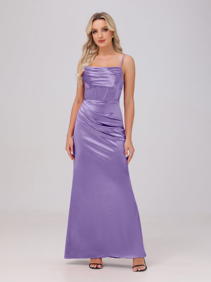 Spaghetti Straps Ruched Floor Length Stretch Satin Bridesmaid Dresses
