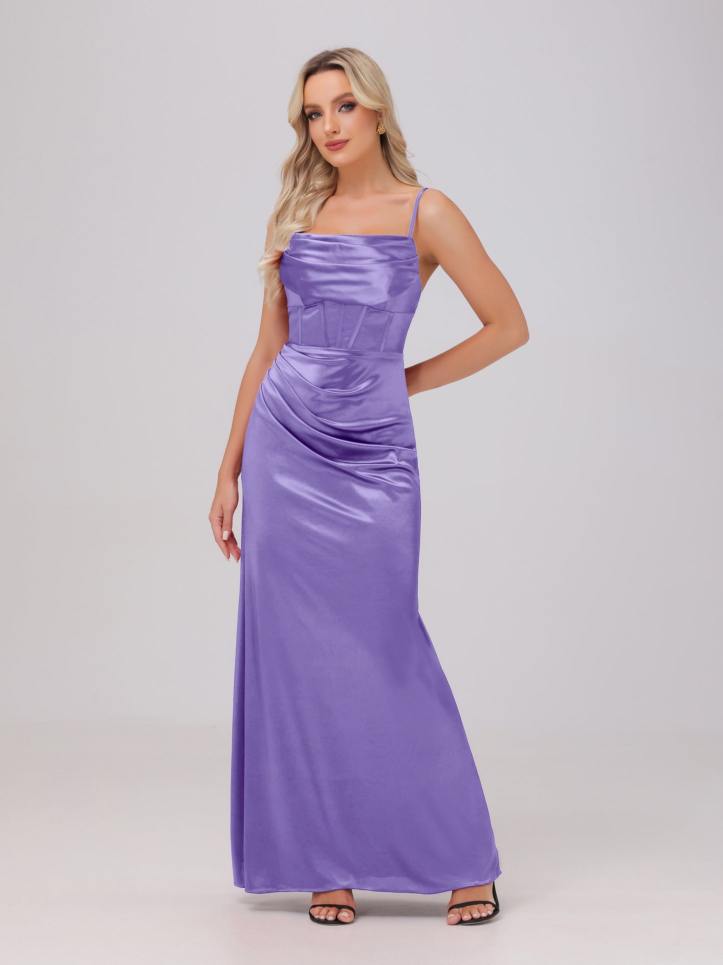 Spaghetti Straps Ruched Floor Length Stretch Satin Bridesmaid Dresses