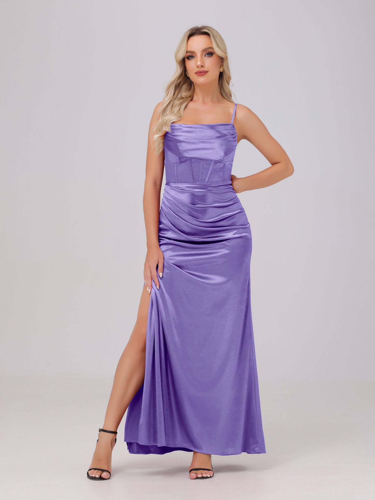 Spaghetti Straps Ruched Floor Length Stretch Satin Bridesmaid Dresses