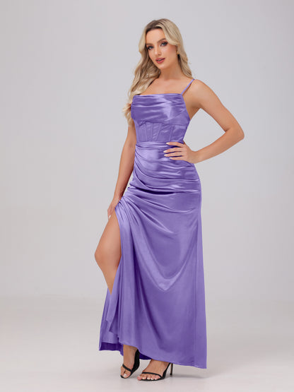 Spaghetti Straps Ruched Floor Length Stretch Satin Bridesmaid Dresses