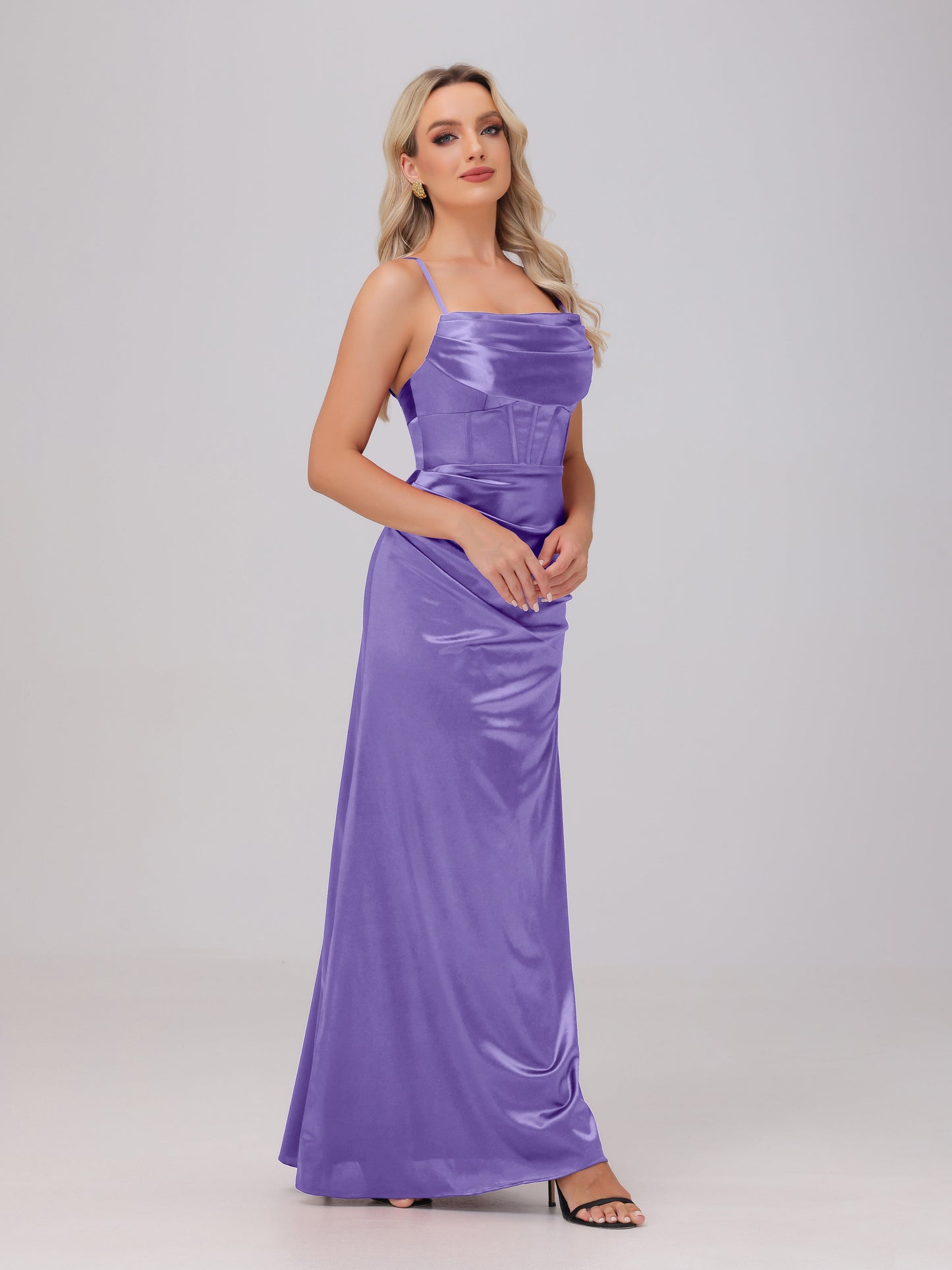 Spaghetti Straps Ruched Floor Length Stretch Satin Bridesmaid Dresses