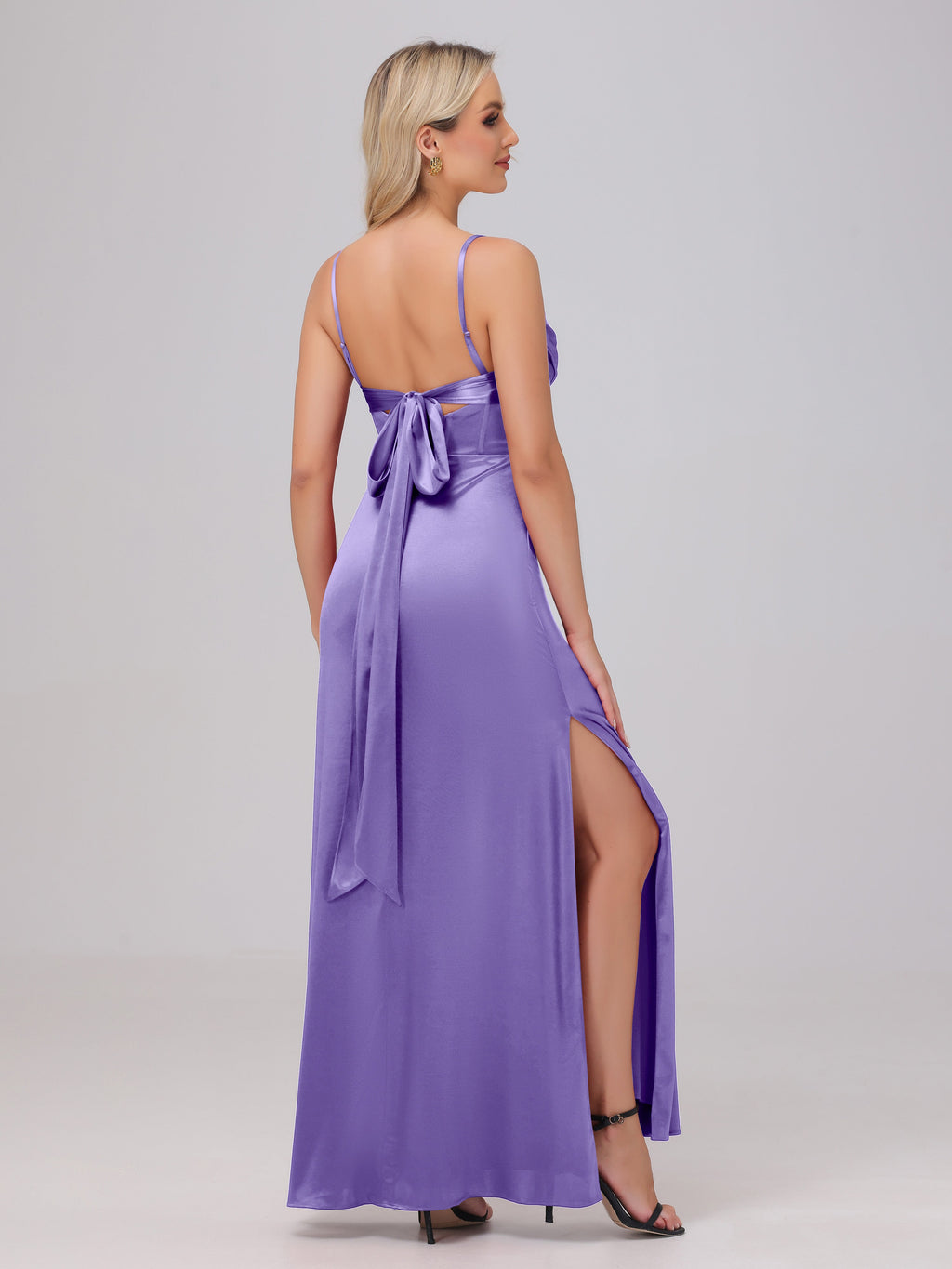 Spaghetti Straps Ruched Floor Length Stretch Satin Bridesmaid Dresses