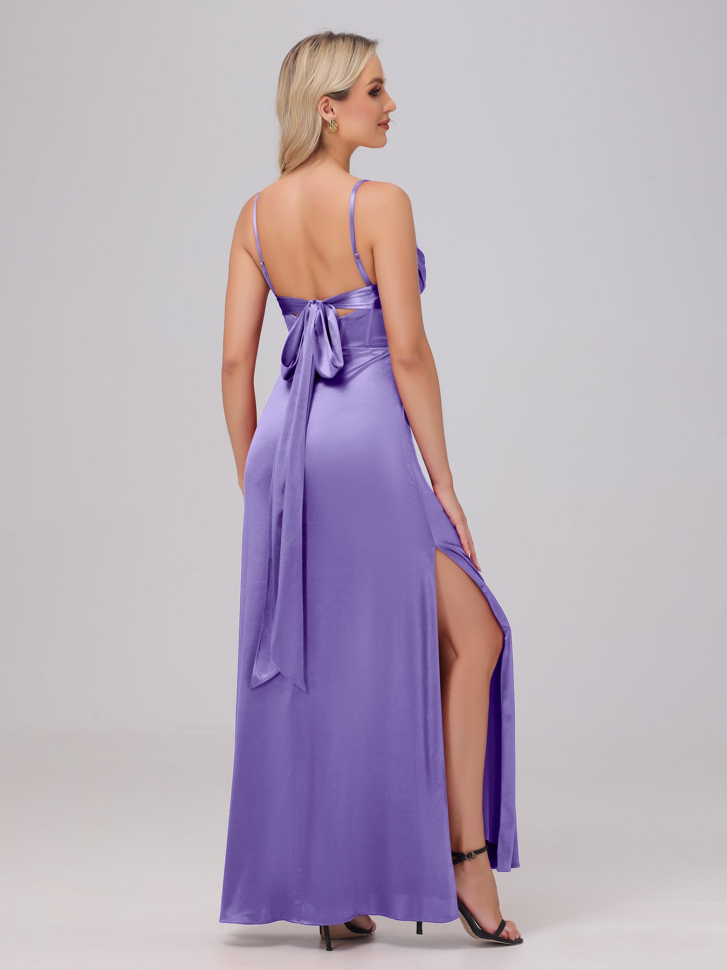 Spaghetti Straps Ruched Floor Length Stretch Satin Bridesmaid Dresses