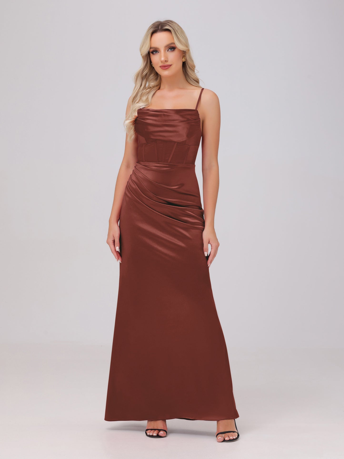 Spaghetti Straps Ruched Floor Length Stretch Satin Bridesmaid Dresses