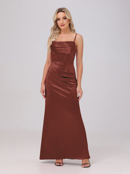 Spaghetti Straps Ruched Floor Length Stretch Satin Bridesmaid Dresses