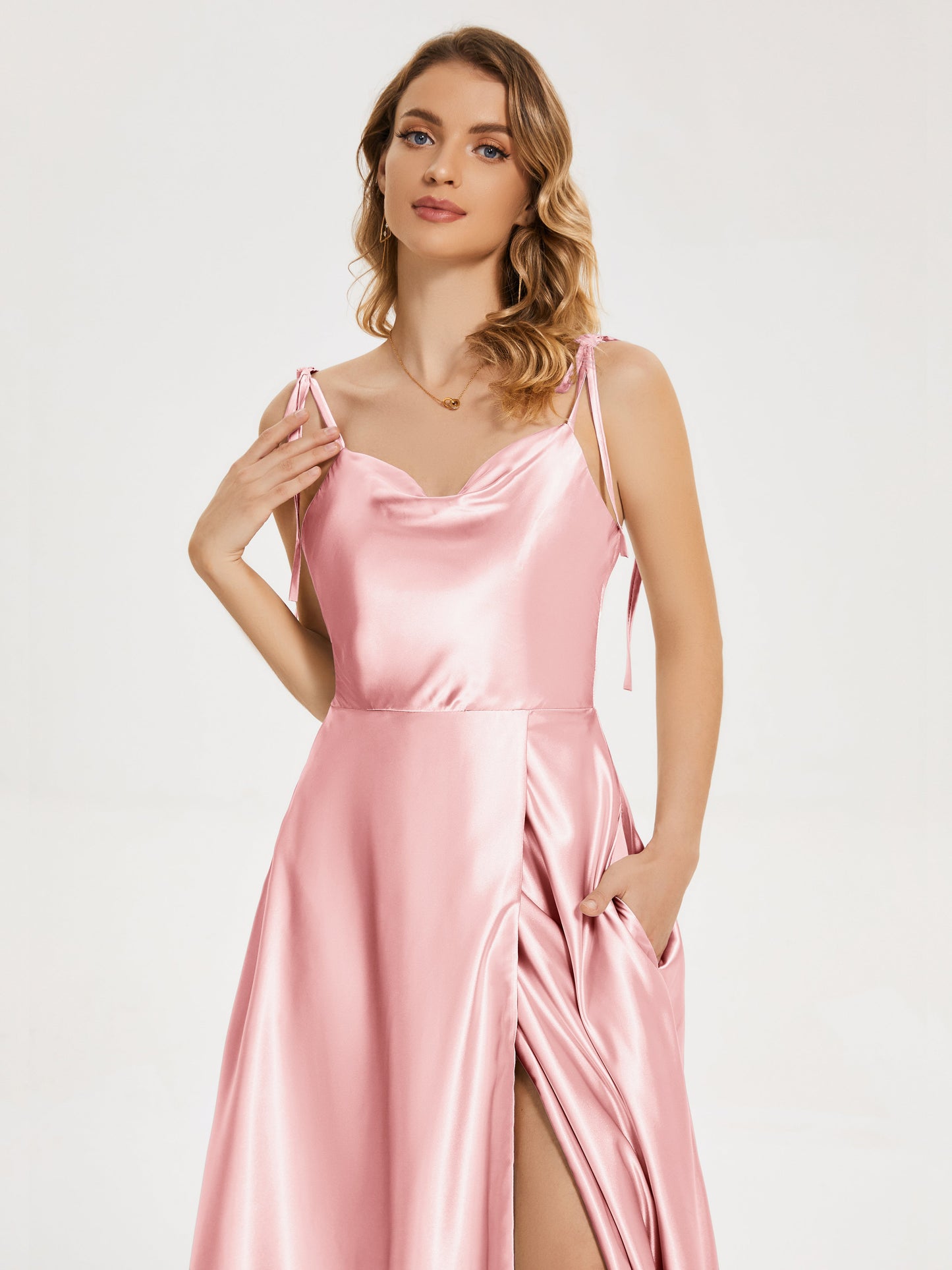 Kamila Spaghetti Straps Slit Soft Satin Bridesmaid Dress