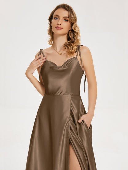 Kamila Spaghetti Straps Slit Soft Satin Bridesmaid Dress