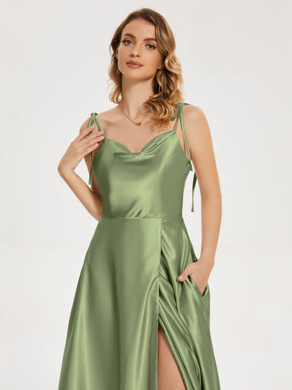 Kamila Spaghetti Straps Slit Soft Satin Bridesmaid Dress