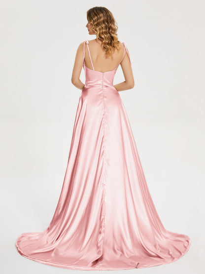 Kamila Spaghetti Straps Slit Soft Satin Bridesmaid Dress