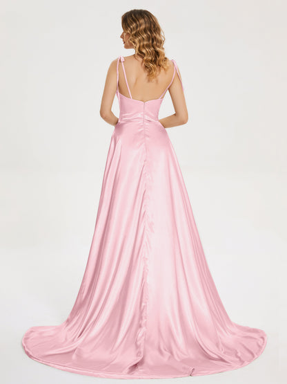 Kamila Spaghetti Straps Slit Soft Satin Bridesmaid Dress