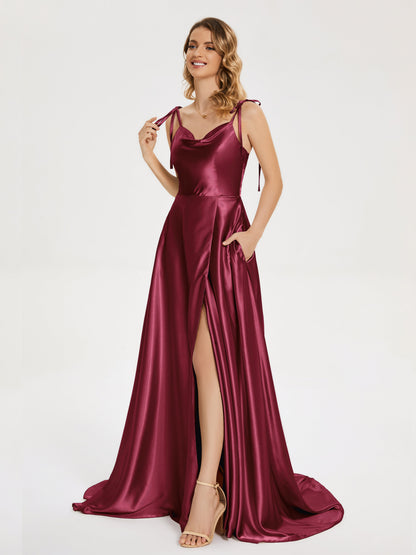 Kamila Spaghetti Straps Slit Soft Satin Bridesmaid Dress