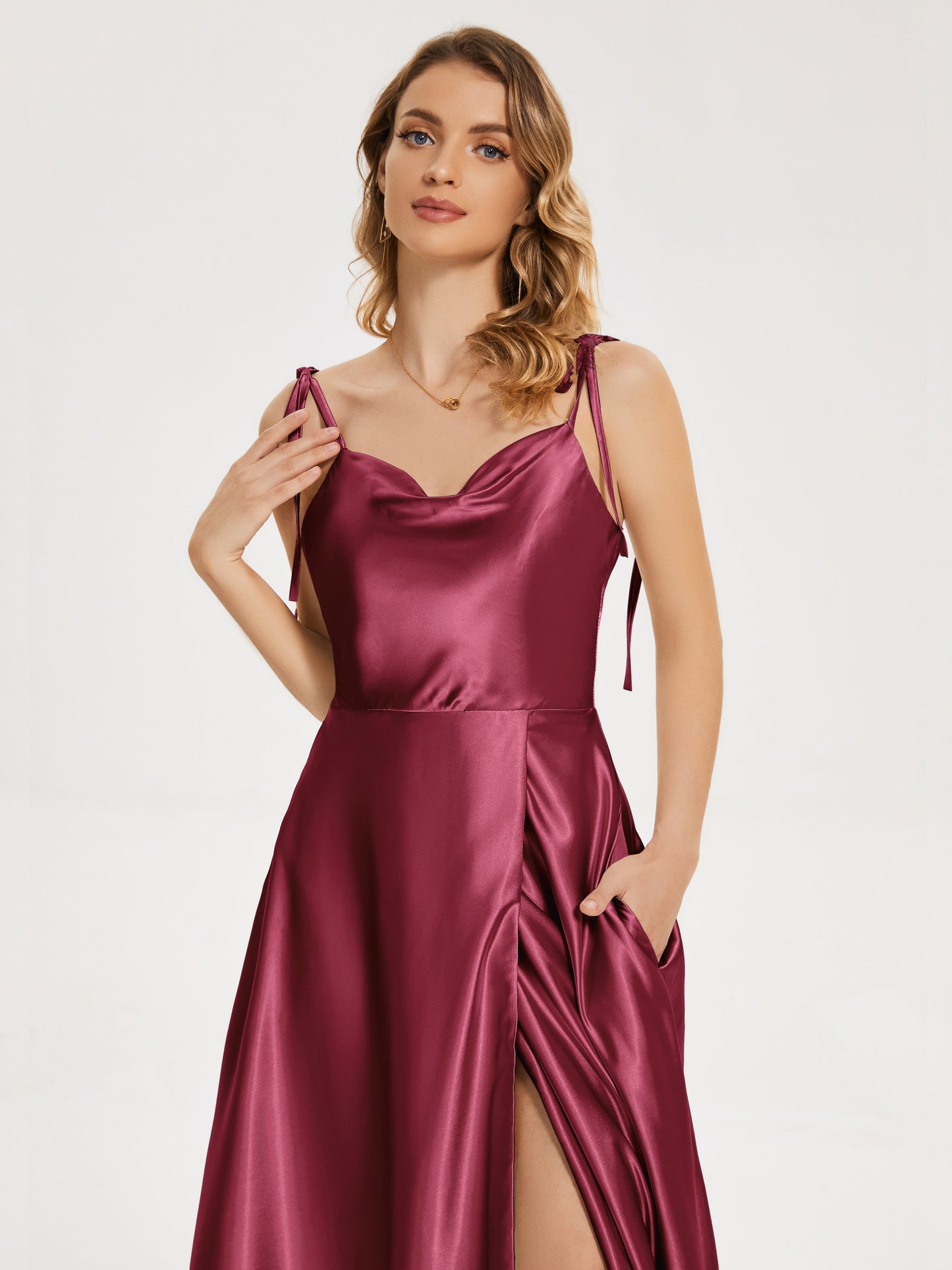 Kamila Spaghetti Straps Slit Soft Satin Bridesmaid Dress