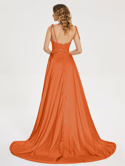 Kamila Spaghetti Straps Slit Soft Satin Bridesmaid Dress