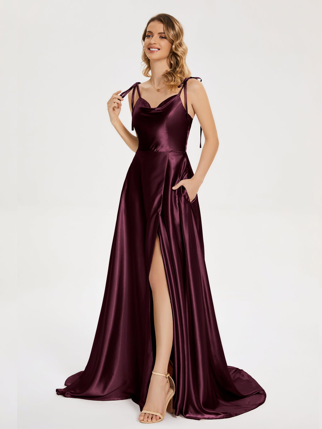 Kamila Spaghetti Straps Slit Soft Satin Bridesmaid Dress