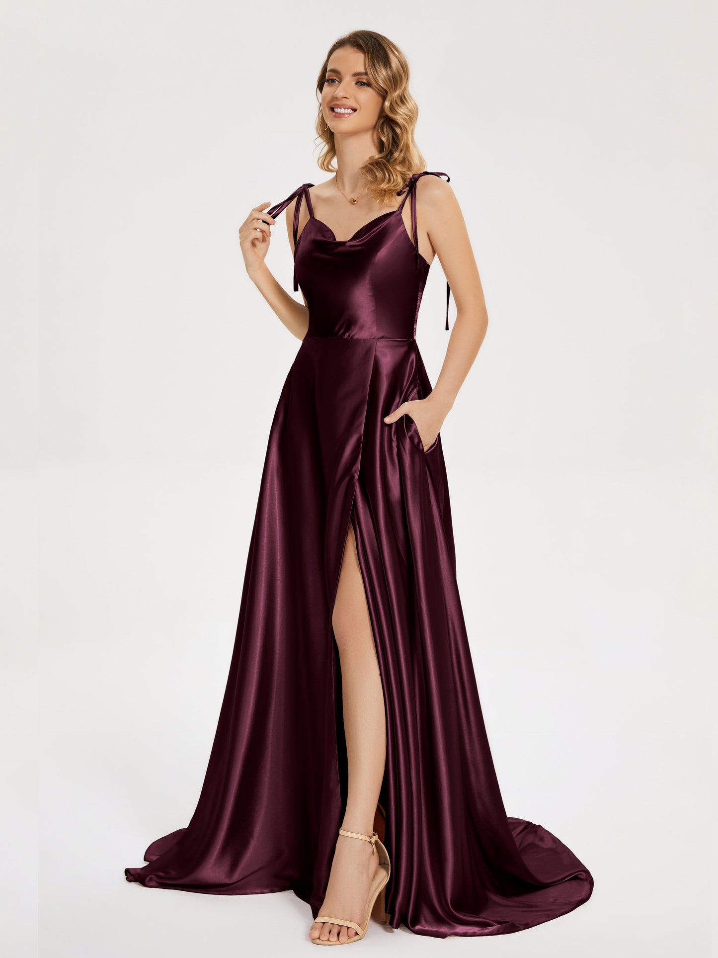Kamila Spaghetti Straps Slit Soft Satin Bridesmaid Dress
