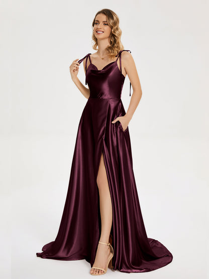 Kamila Spaghetti Straps Slit Soft Satin Bridesmaid Dress
