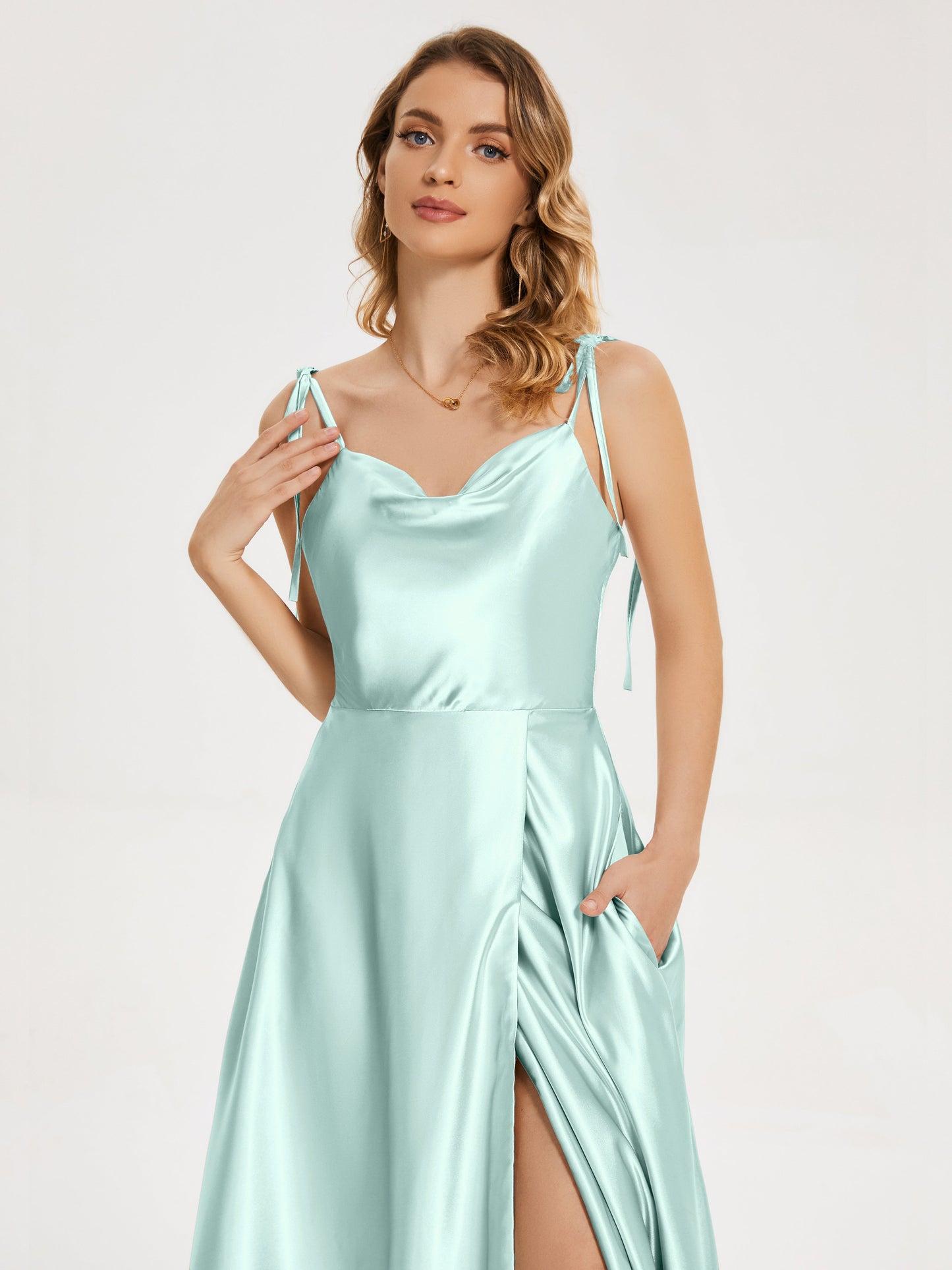 Kamila Spaghetti Straps Slit Soft Satin Bridesmaid Dress