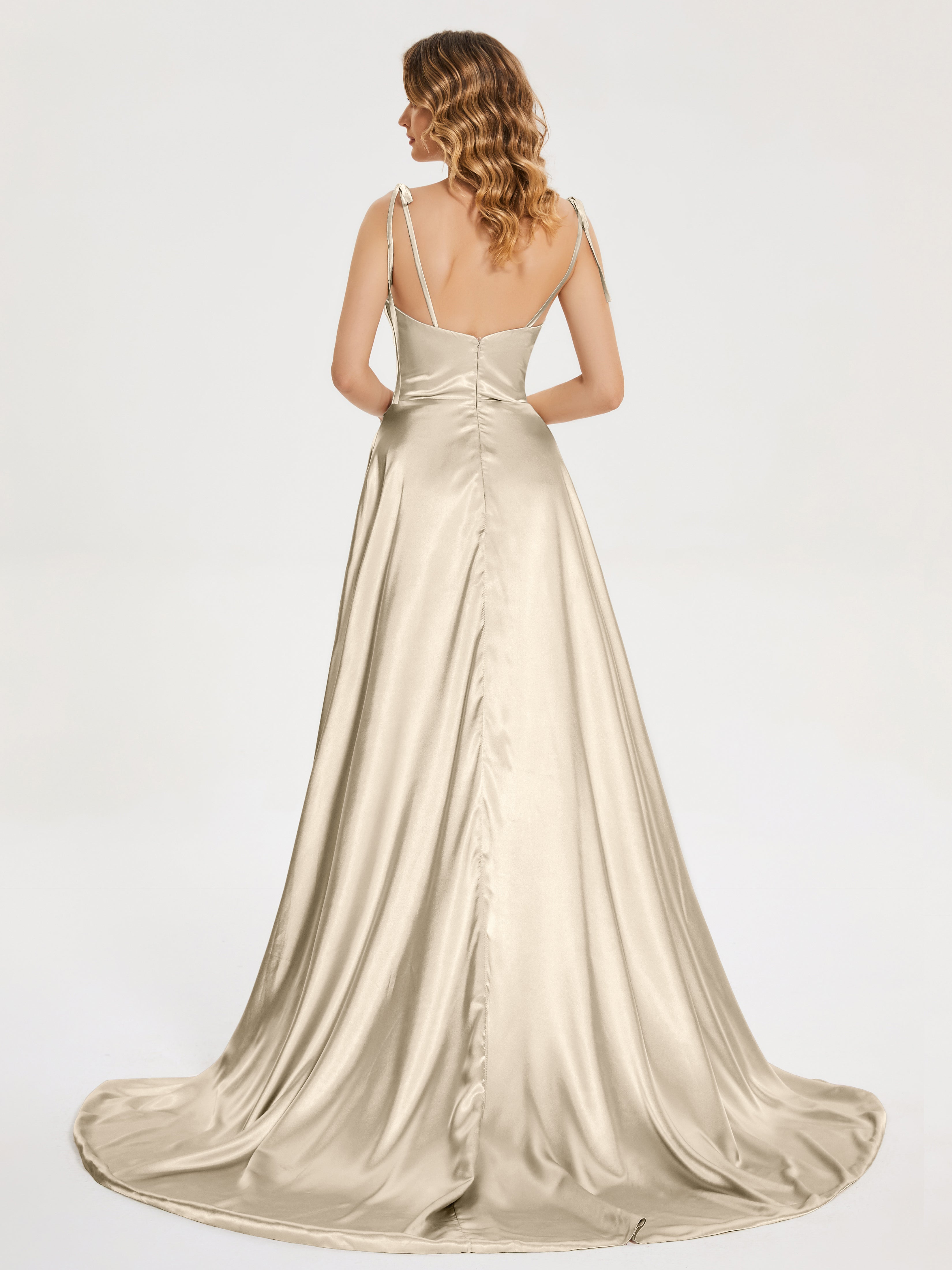 Kamila Spaghetti Straps Slit Soft Satin Bridesmaid Dress