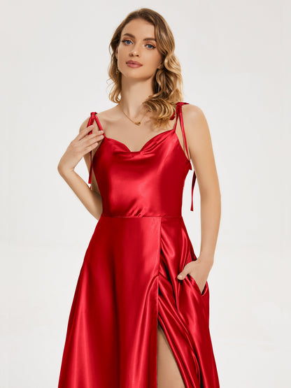 Kamila Spaghetti Straps Slit Soft Satin Bridesmaid Dress