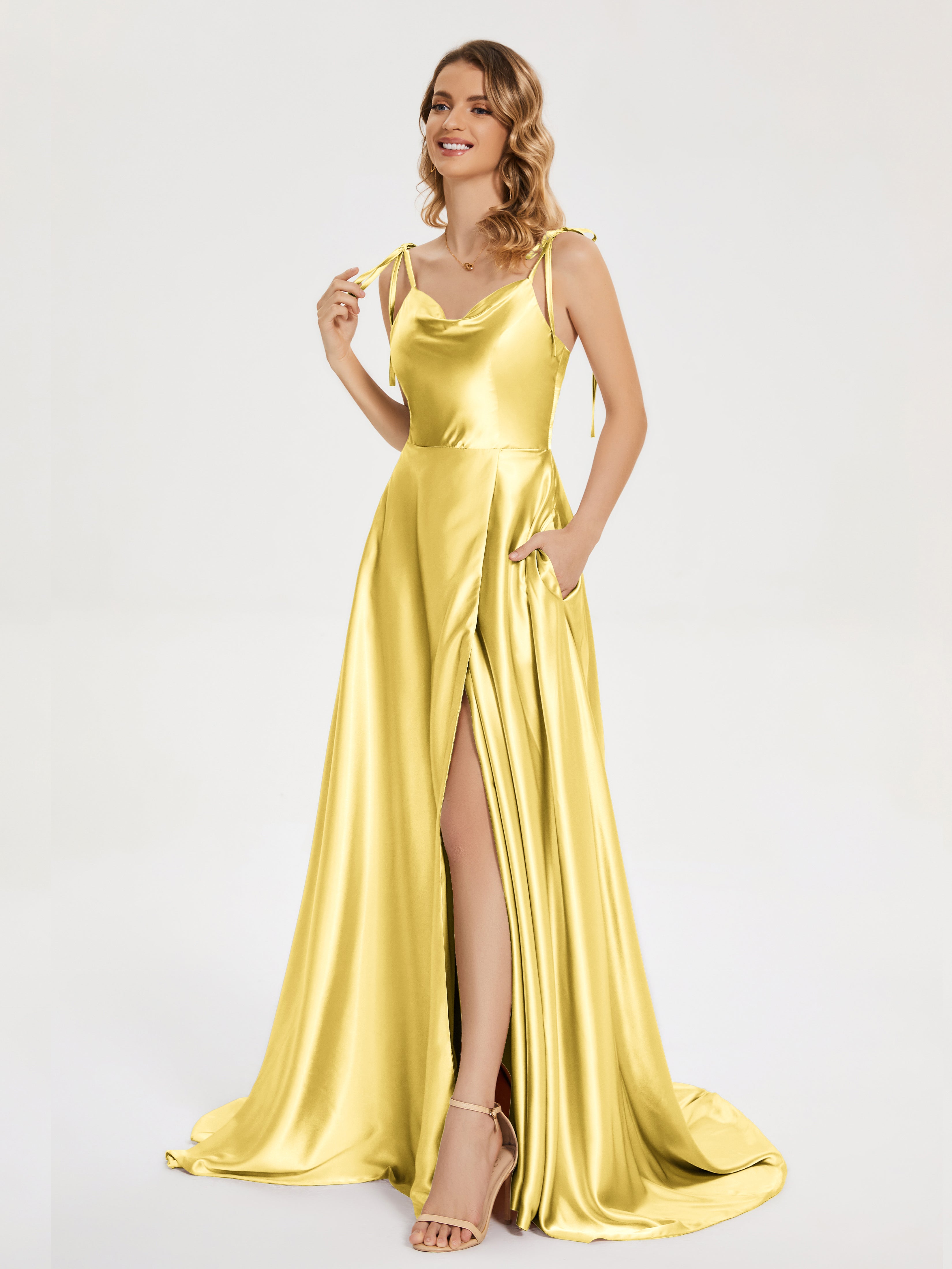 Kamila Spaghetti Straps Slit Soft Satin Bridesmaid Dress