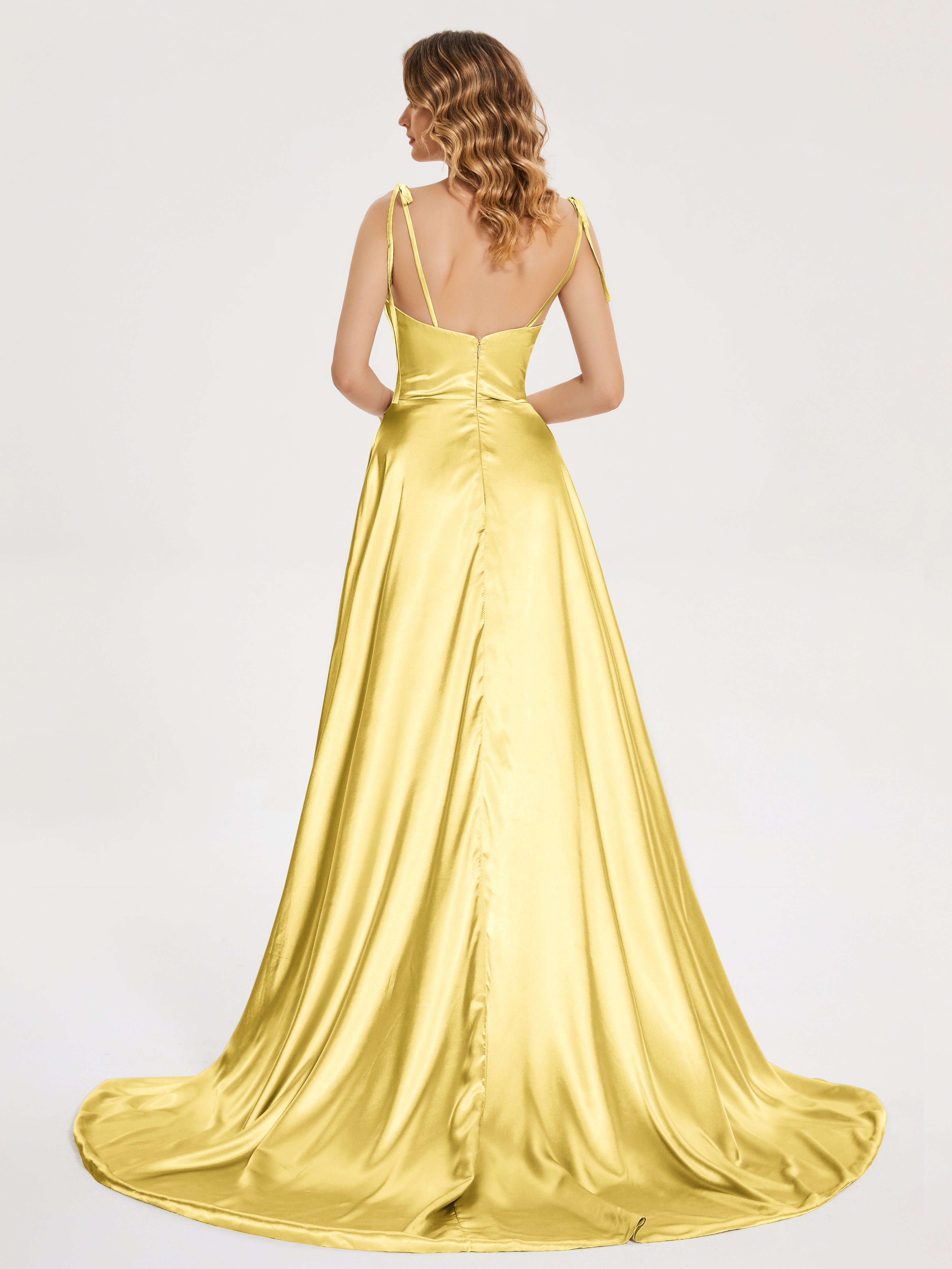 Kamila Spaghetti Straps Slit Soft Satin Bridesmaid Dress