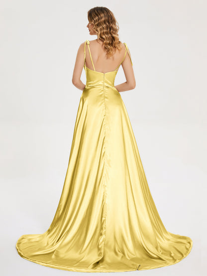 Kamila Spaghetti Straps Slit Soft Satin Bridesmaid Dress