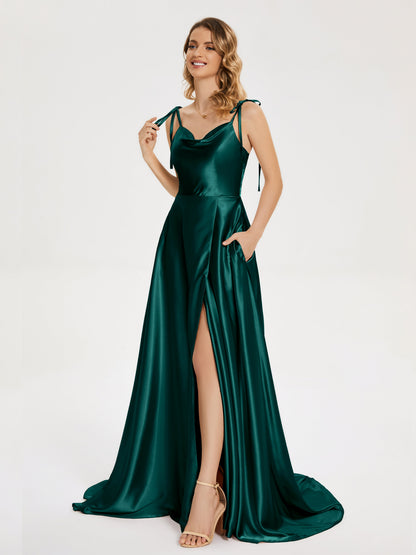 Kamila Spaghetti Straps Slit Soft Satin Bridesmaid Dress