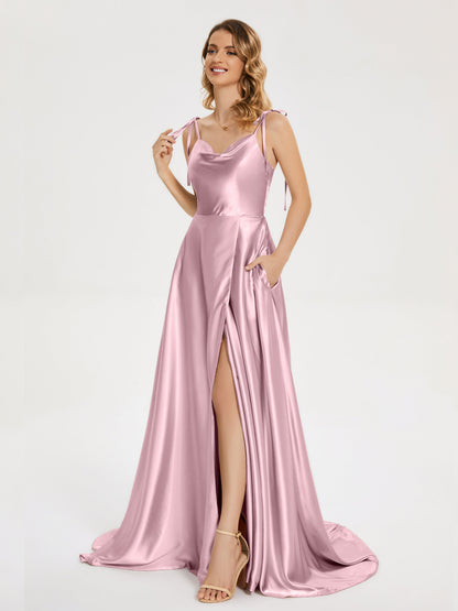 Kamila Spaghetti Straps Slit Soft Satin Bridesmaid Dress