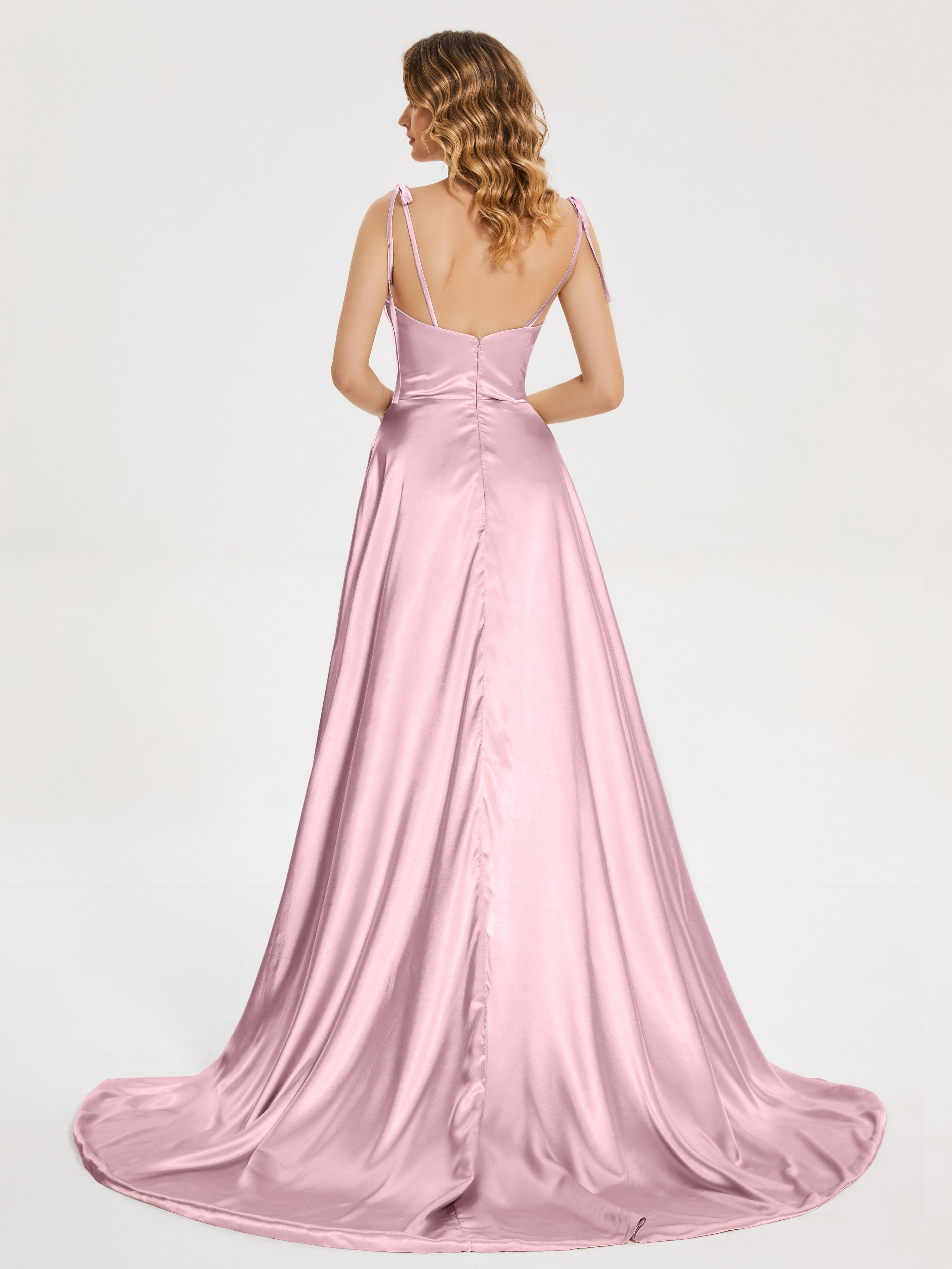 Kamila Spaghetti Straps Slit Soft Satin Bridesmaid Dress