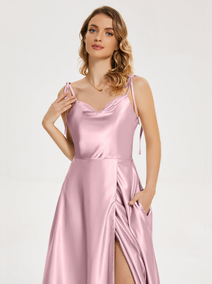 Kamila Spaghetti Straps Slit Soft Satin Bridesmaid Dress