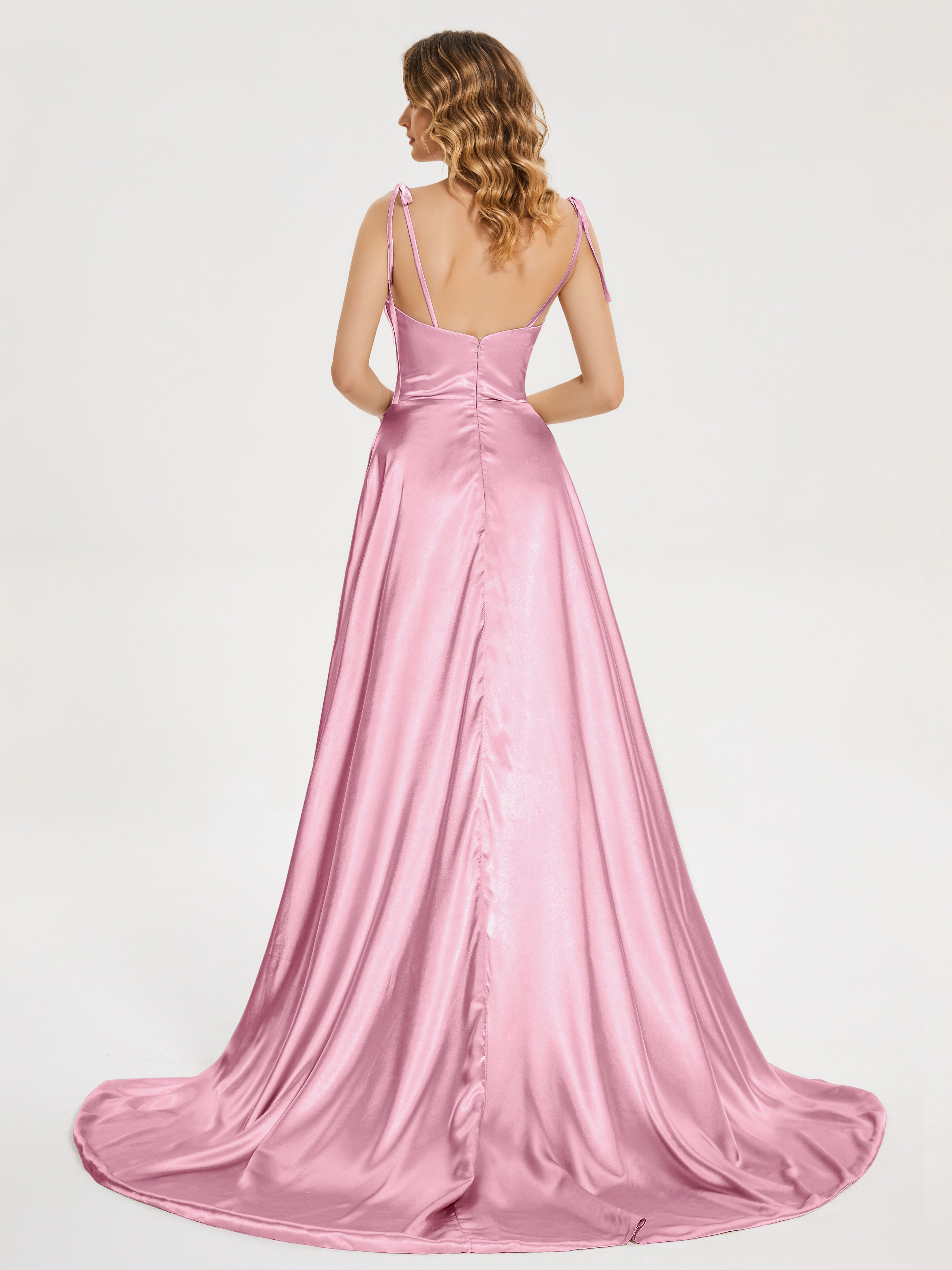 Kamila Spaghetti Straps Slit Soft Satin Bridesmaid Dress