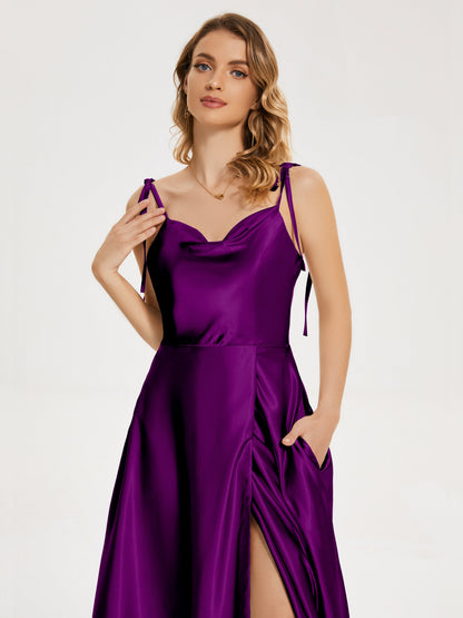 Kamila Spaghetti Straps Slit Soft Satin Bridesmaid Dress