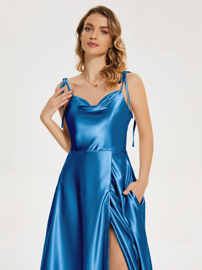 Kamila Spaghetti Straps Slit Soft Satin Bridesmaid Dress