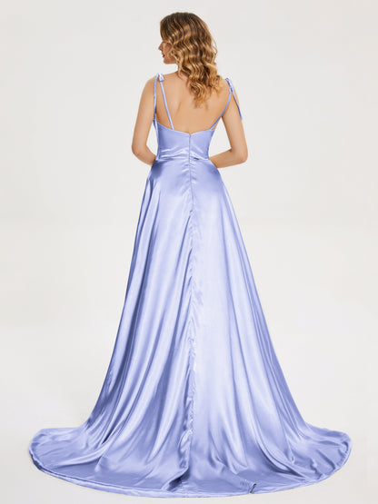 Kamila Spaghetti Straps Slit Soft Satin Bridesmaid Dress