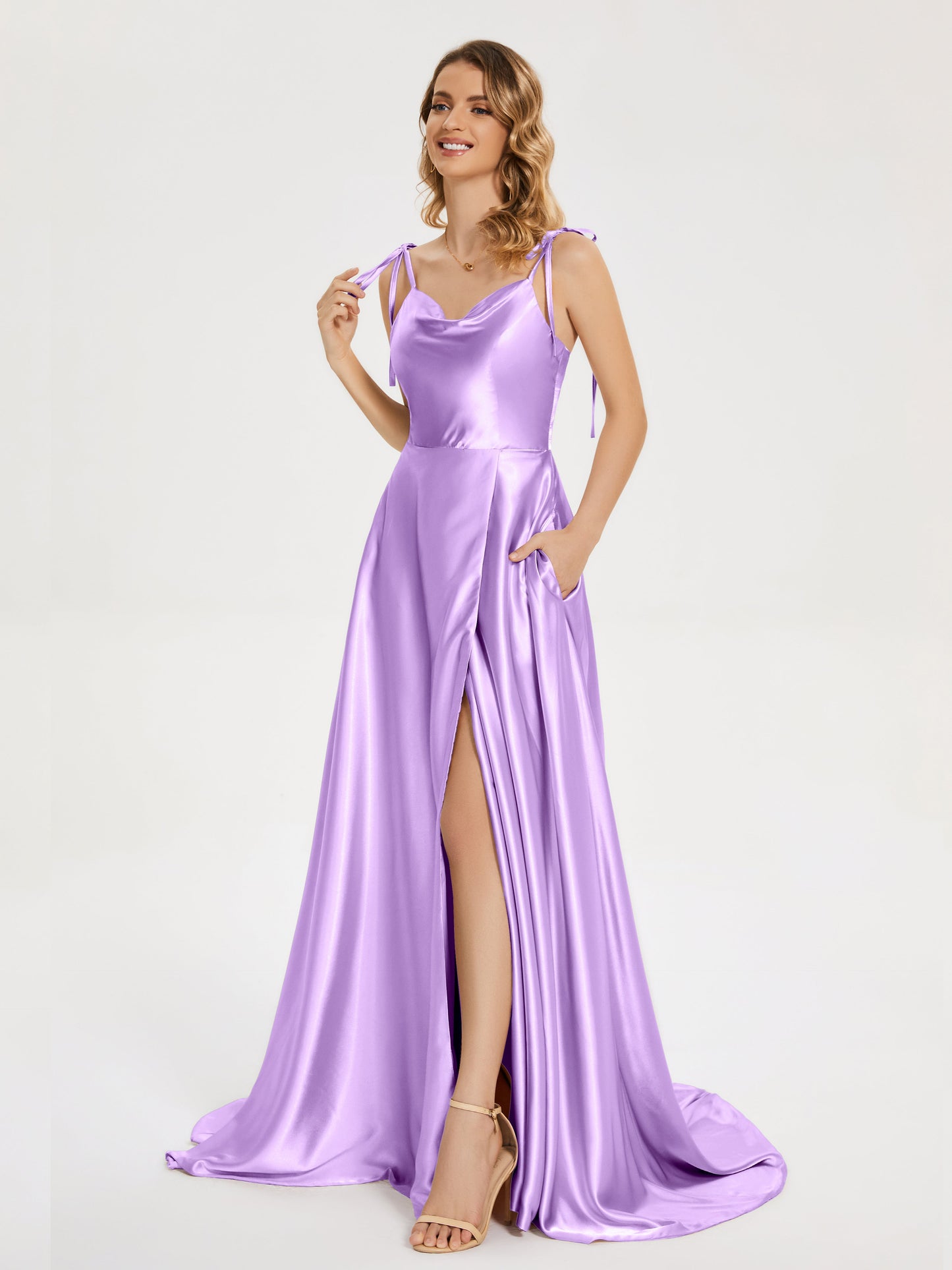 Kamila Spaghetti Straps Slit Soft Satin Bridesmaid Dress