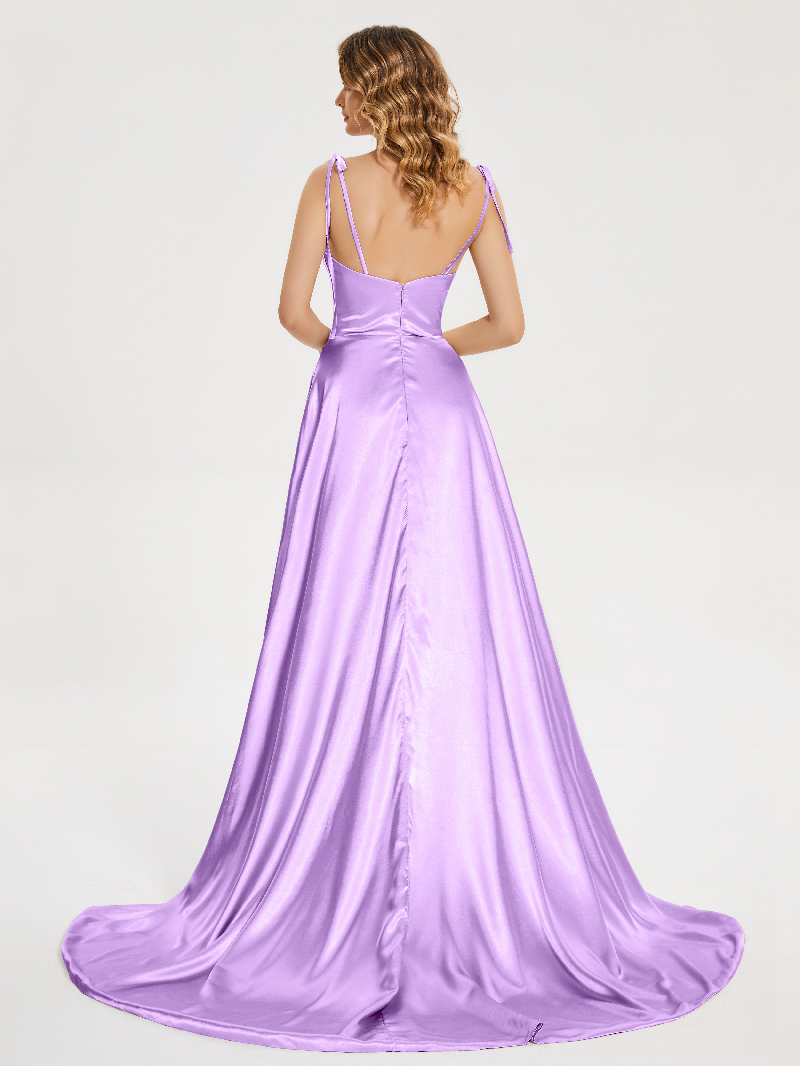 Kamila Spaghetti Straps Slit Soft Satin Bridesmaid Dress