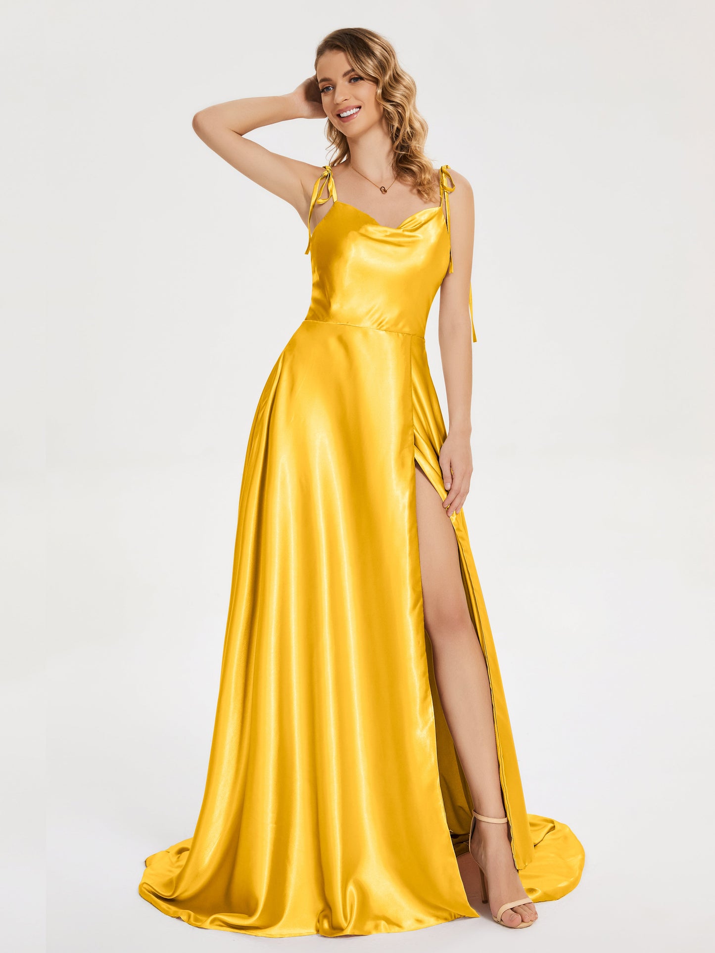 Kamila Spaghetti Straps Slit Soft Satin Bridesmaid Dress