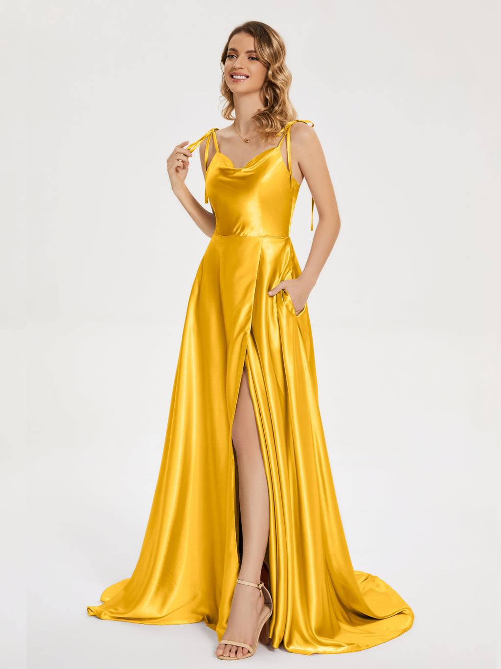 Kamila Spaghetti Straps Slit Soft Satin Bridesmaid Dress
