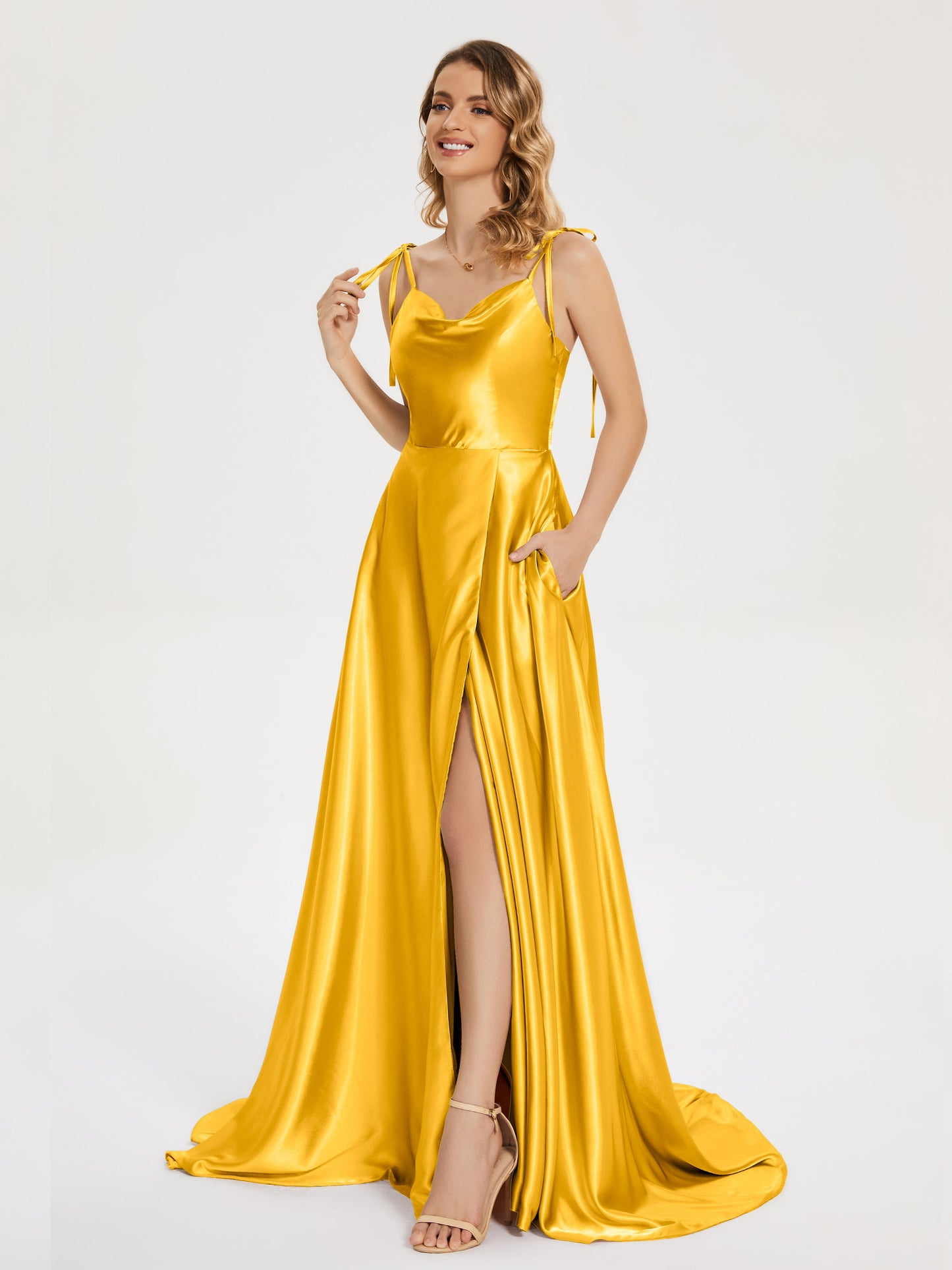 Kamila Spaghetti Straps Slit Soft Satin Bridesmaid Dress