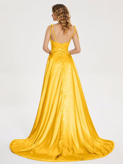 Kamila Spaghetti Straps Slit Soft Satin Bridesmaid Dress