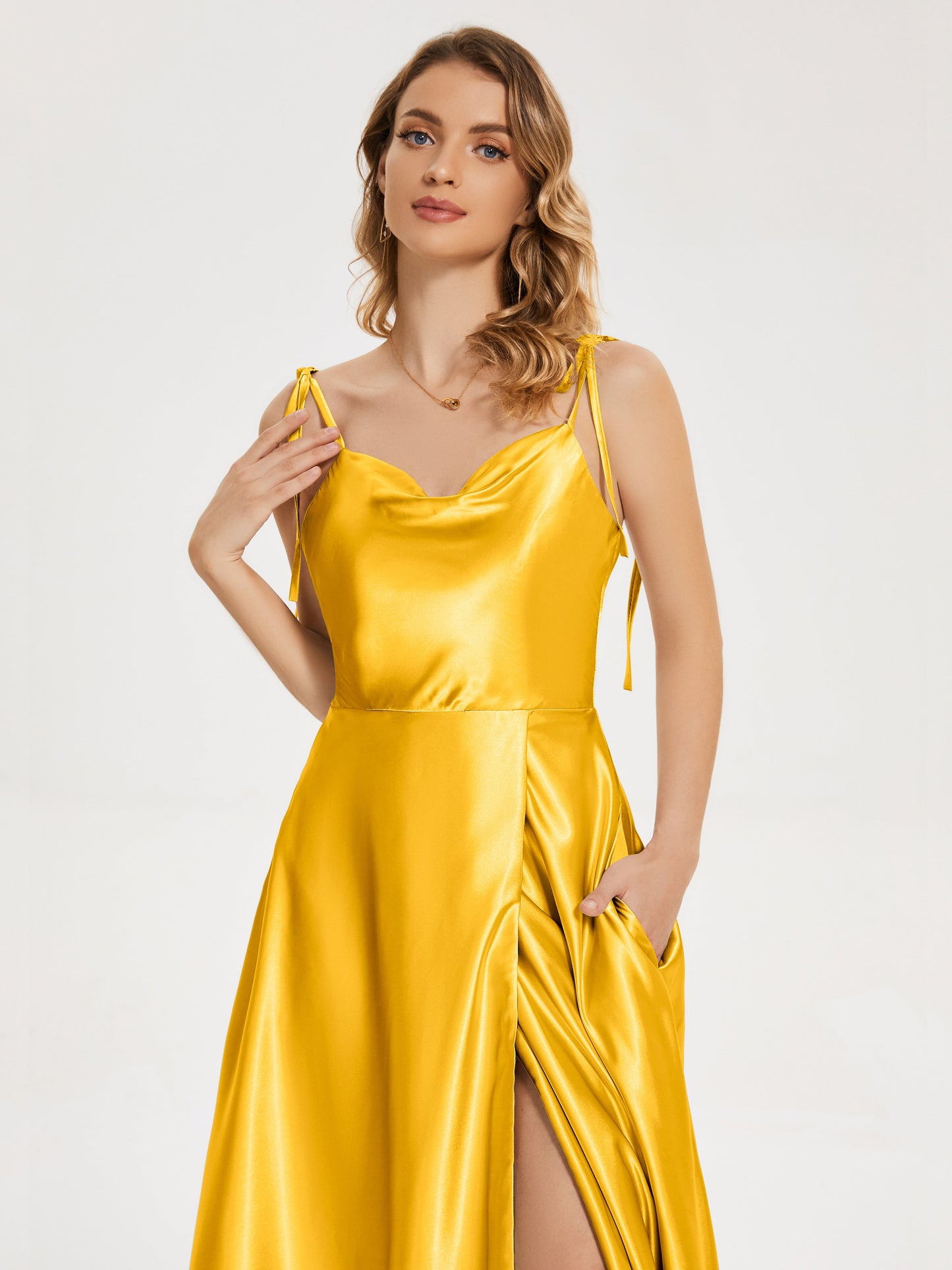 Kamila Spaghetti Straps Slit Soft Satin Bridesmaid Dress