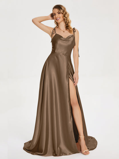Kamila Spaghetti Straps Slit Soft Satin Bridesmaid Dress
