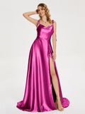 Kamila Spaghetti Straps Slit Soft Satin Bridesmaid Dress