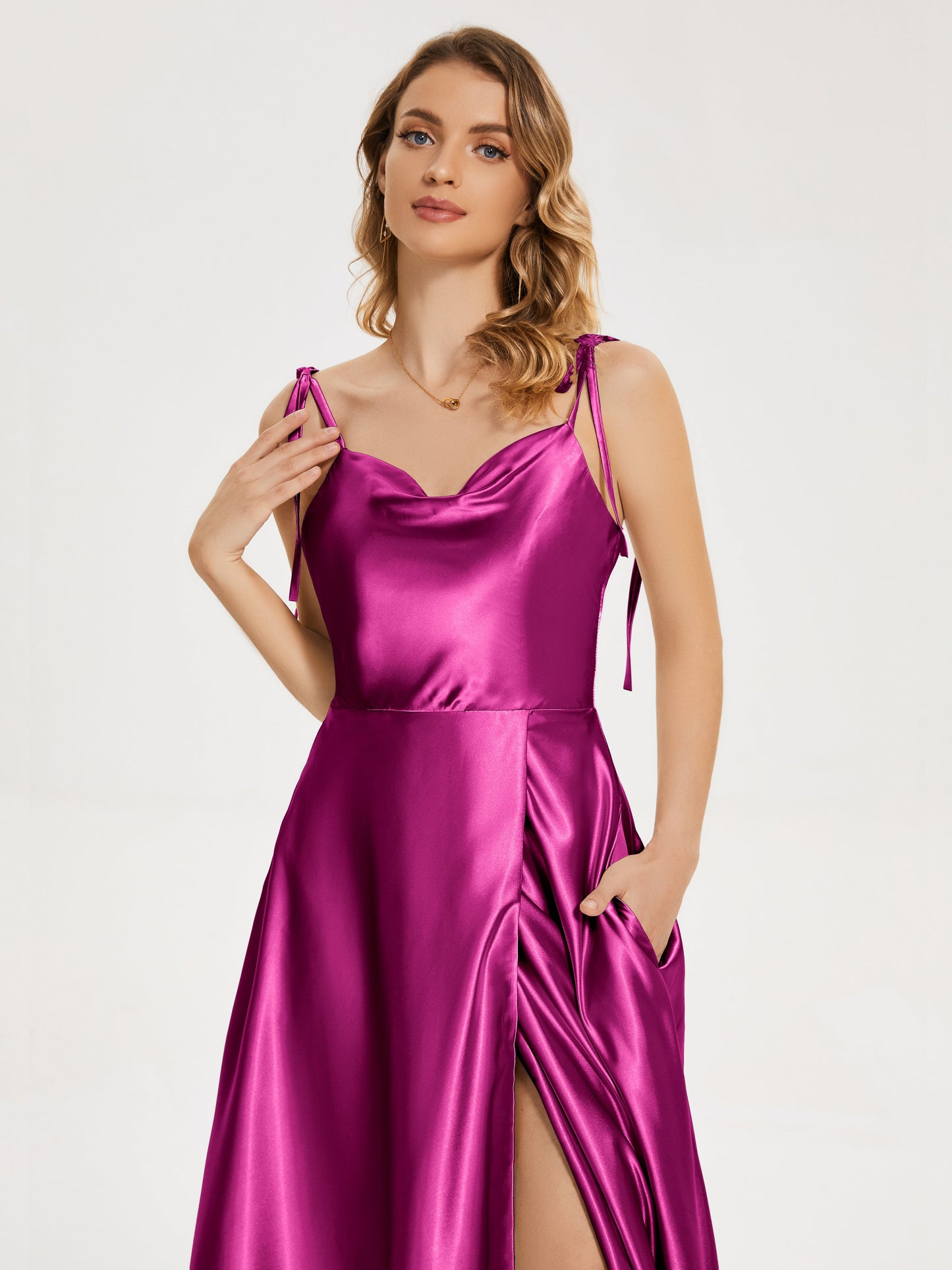 Kamila Spaghetti Straps Slit Soft Satin Bridesmaid Dress