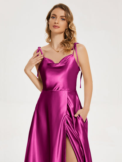 Kamila Spaghetti Straps Slit Soft Satin Bridesmaid Dress