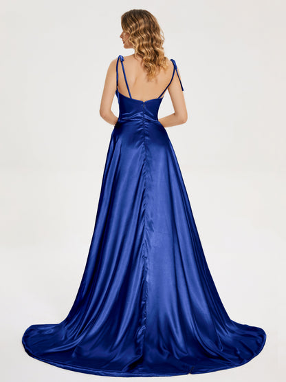 Kamila Spaghetti Straps Slit Soft Satin Bridesmaid Dress